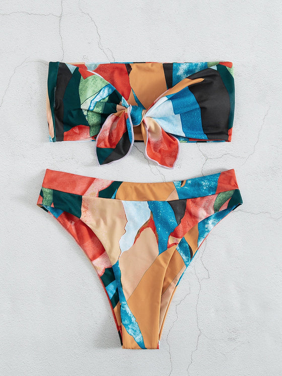 Colorblock Knot Bust Bandeau Bikini Swimsuit