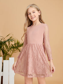  Girls Lace Panel Keyhole Back Dress