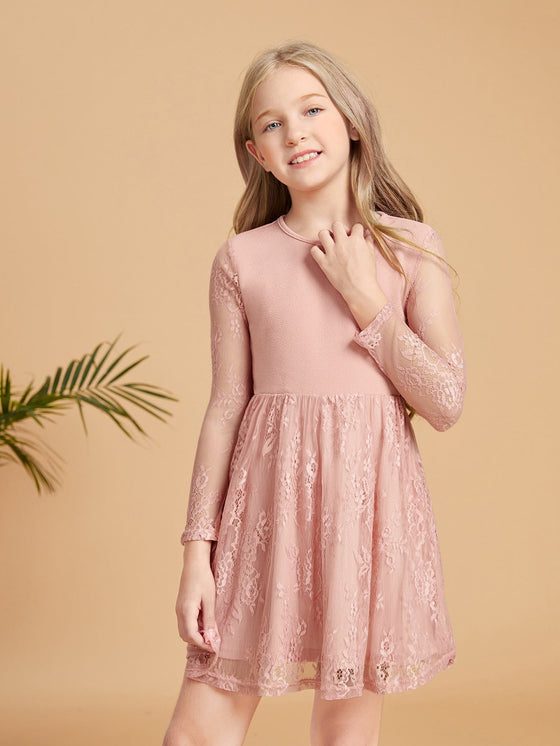 Girls Lace Panel Keyhole Back Dress