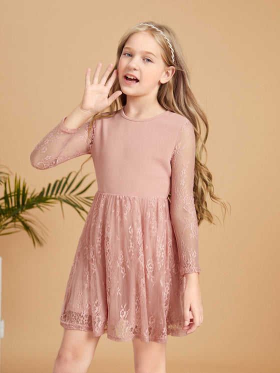 Girls Lace Panel Keyhole Back Dress