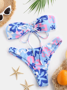  Floral Print Tie Front Bandeau Bikini Swimsuit