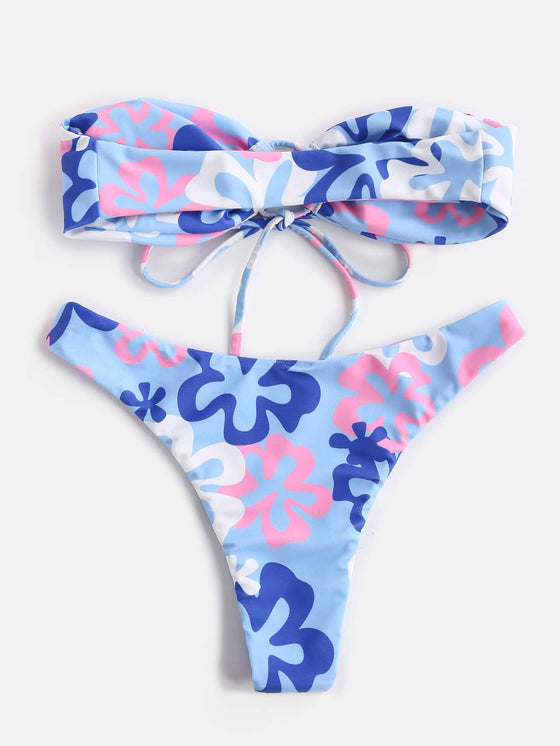 Floral Print Tie Front Bandeau Bikini Swimsuit