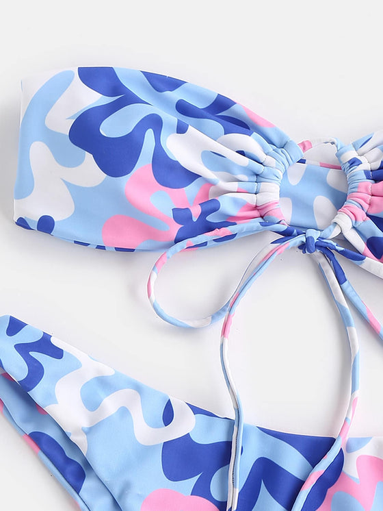 Floral Print Tie Front Bandeau Bikini Swimsuit