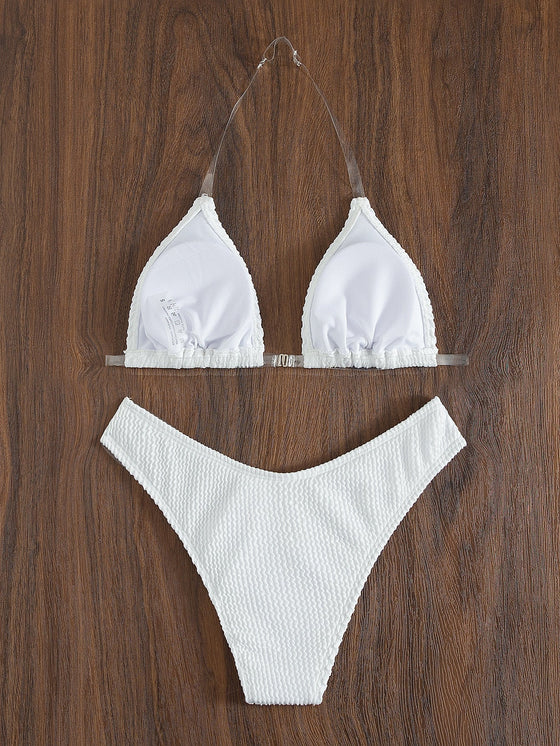 Plain Cheer Strap Triangle Bikini Swimsuit