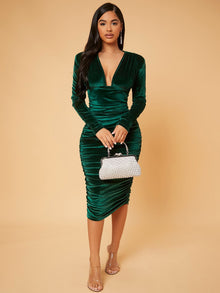  BAE Deep V Neck Ruched Velvet Bodycon Dress