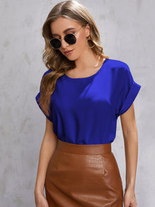  Solid Rolled Sleeve Blouse