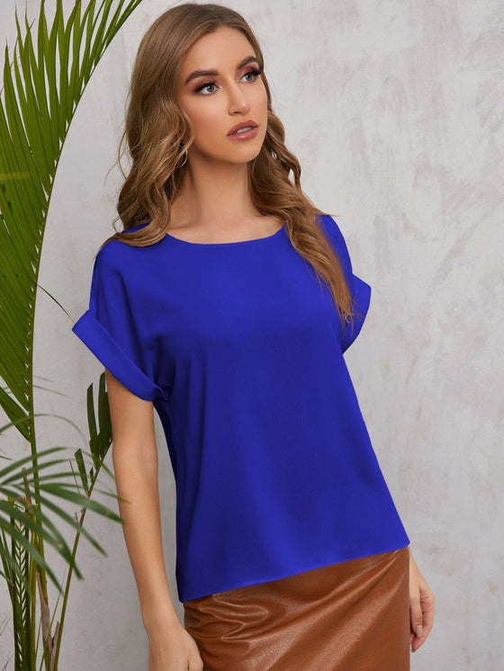 Solid Rolled Sleeve Blouse