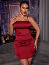 SXY Solid Satin Backless Ruched Dress