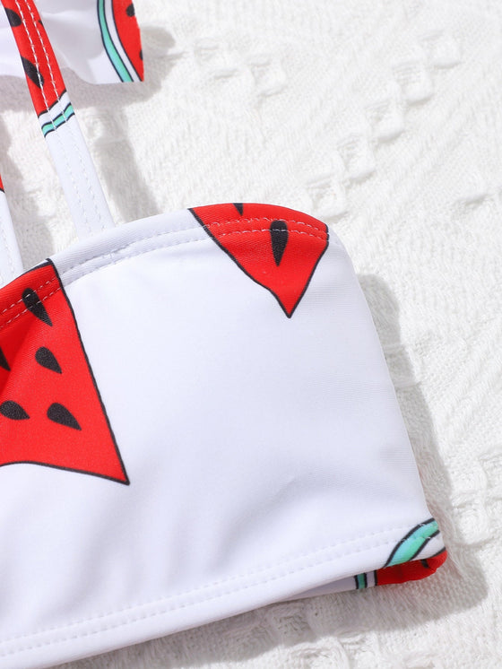 Girls Watermelon Print Ruffle Trim Bikini Swimsuit