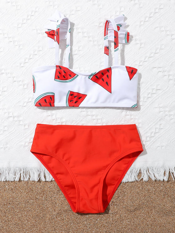 Girls Watermelon Print Ruffle Trim Bikini Swimsuit