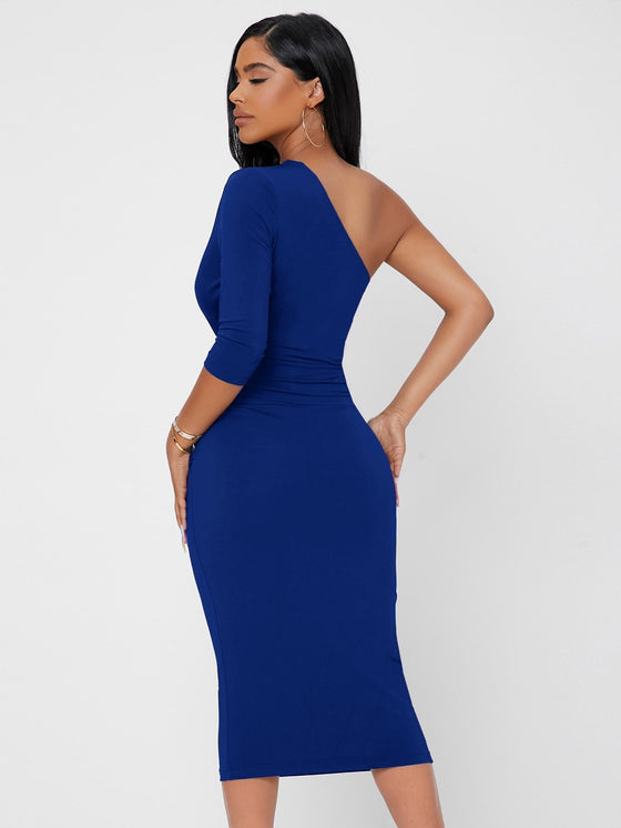 PETITE Solid One Shoulder Ruched Bodycon Dress