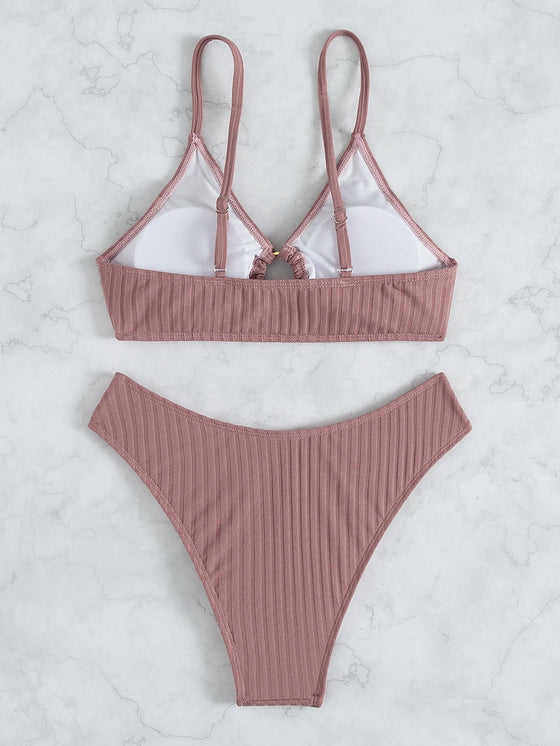 Solid Ring Linked Bikini Swimsuit