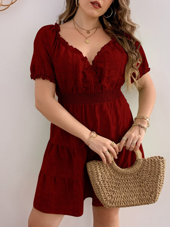 Plus Solid Shirred Waist Ruffle Hem Dress