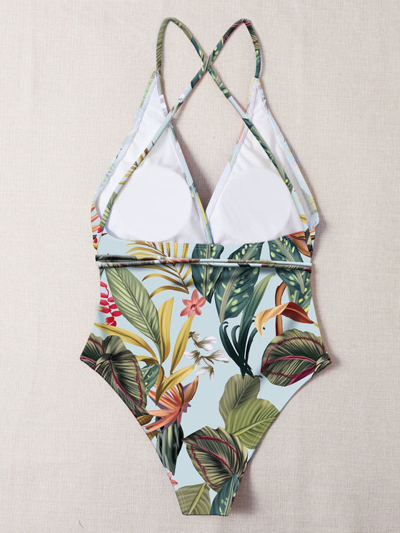 Tropical Print Lace Up One Piece Swimsuit