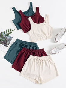  3sets Solid Tank Top Tie Waist Shorts Lounge Set