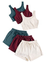 3sets Solid Tank Top Tie Waist Shorts Lounge Set