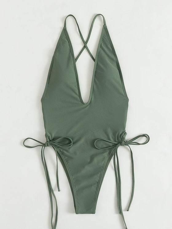 Drawstring Plunging One Piece Swimsuit