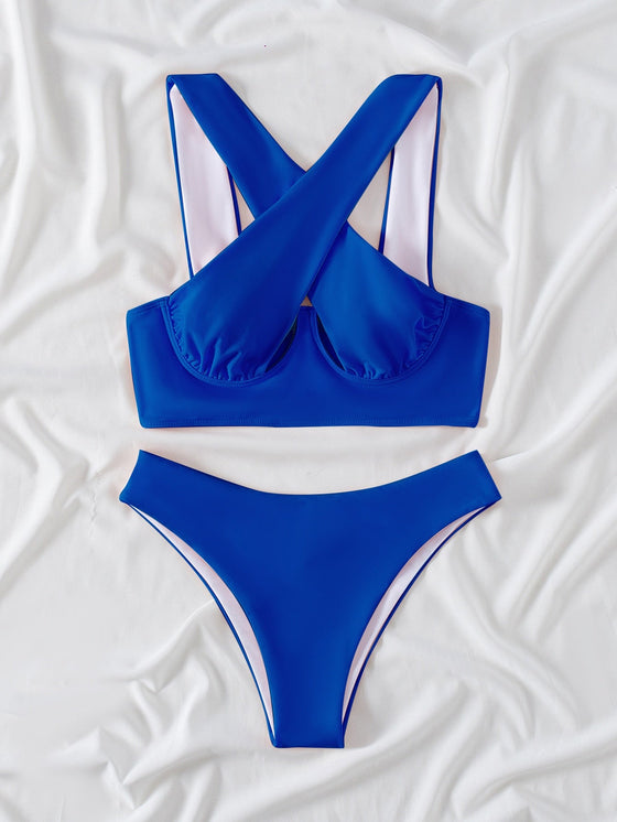 Solid Criss Cross Underwired Bikini Swimsuit