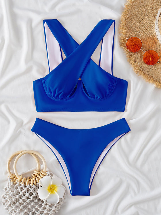 Solid Criss Cross Underwired Bikini Swimsuit