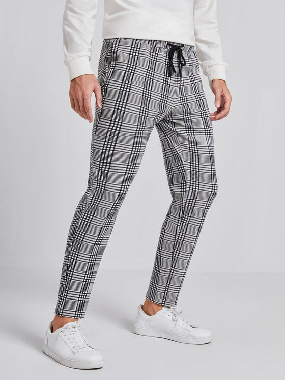 Men Plaid Print Drawstring Waist Pants