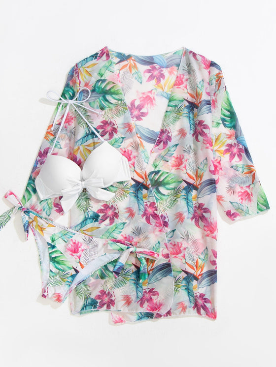 3pack Floral Print Knot Push Up Bikini Swimsuit Kimono