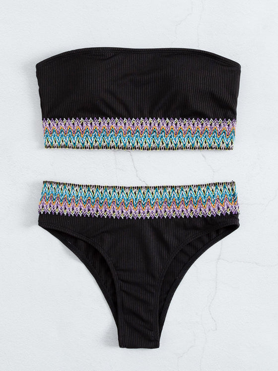 Contrast Tape Bandeau Bikini Swimsuit