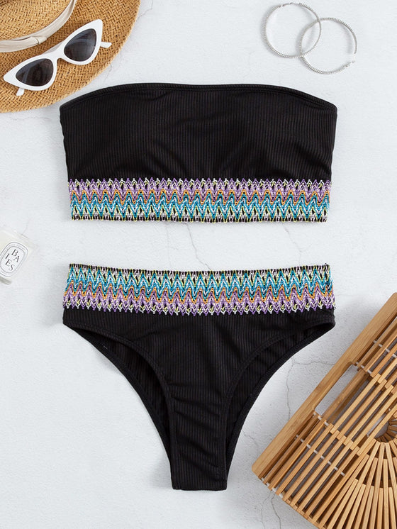 Contrast Tape Bandeau Bikini Swimsuit