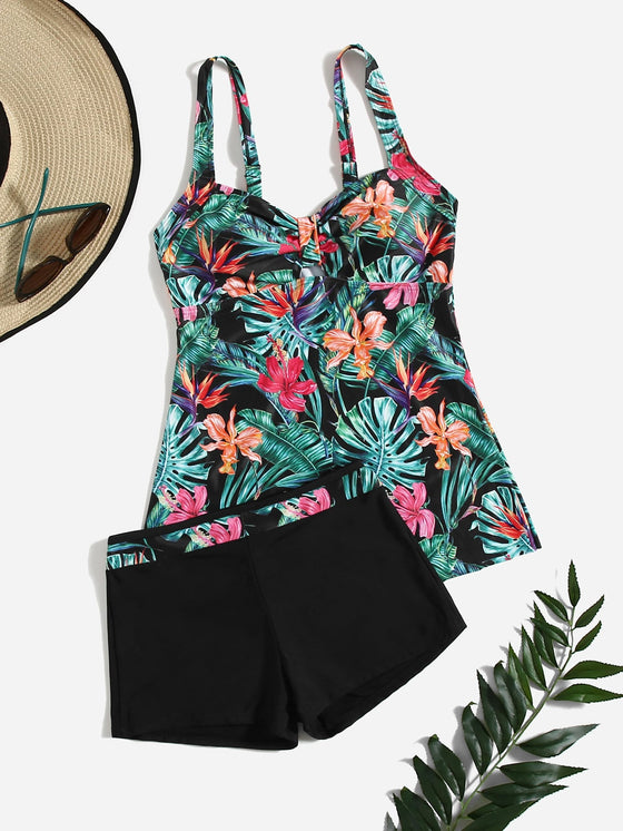 Floral Print Push Up Shorts Bikini Swimsuit