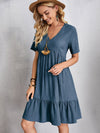 EMERY ROSE V neck Solid Ruffle Hem Smock Dress