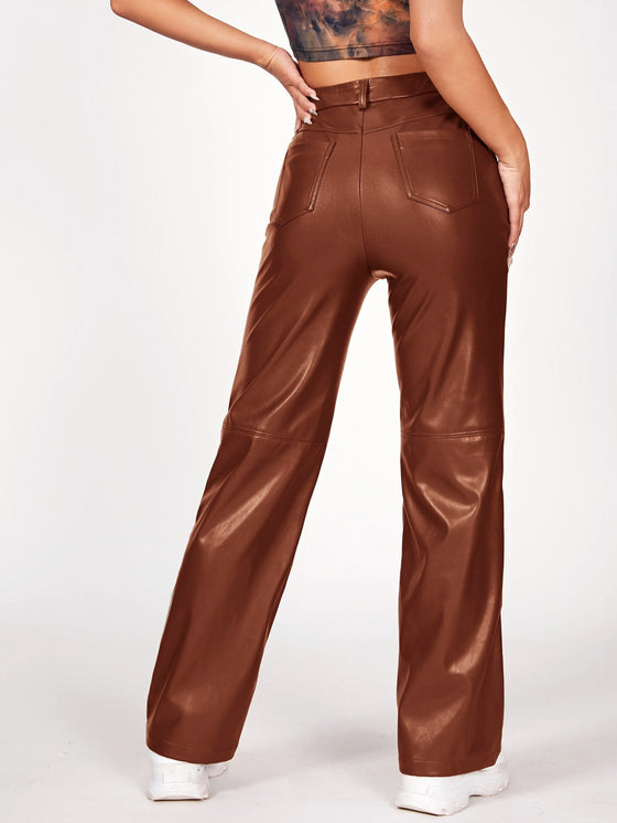 X Aurora Celli Solid PU Leather Straight Leg Pants