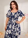 Plus Floral Print Shirred Frill Trim Puff Sleeve Dress