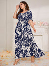 Plus Floral Print Shirred Frill Trim Puff Sleeve Dress