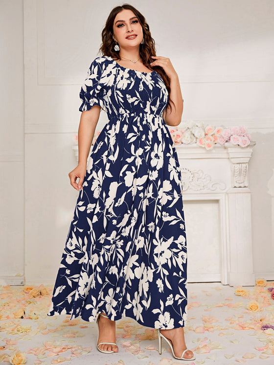 Plus Floral Print Shirred Frill Trim Puff Sleeve Dress