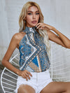 Scarf Print Keyhole Back Halter Blouse