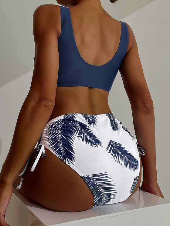 Plant Print Drawstring Side Bikini Swimsuit