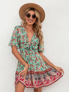 Paisley Floral Print Tie Front Flutter Sleeve Ruffle Hem Dress