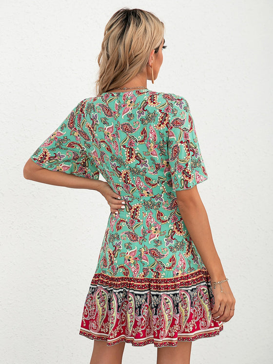 Paisley Floral Print Tie Front Flutter Sleeve Ruffle Hem Dress