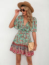 Paisley Floral Print Tie Front Flutter Sleeve Ruffle Hem Dress