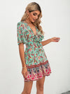 Paisley Floral Print Tie Front Flutter Sleeve Ruffle Hem Dress