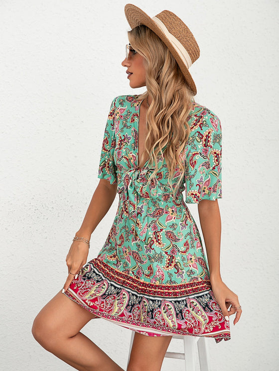 Paisley Floral Print Tie Front Flutter Sleeve Ruffle Hem Dress