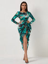 Tie Dye Draped Collar Asymmetrical Hem Ruched Dress
