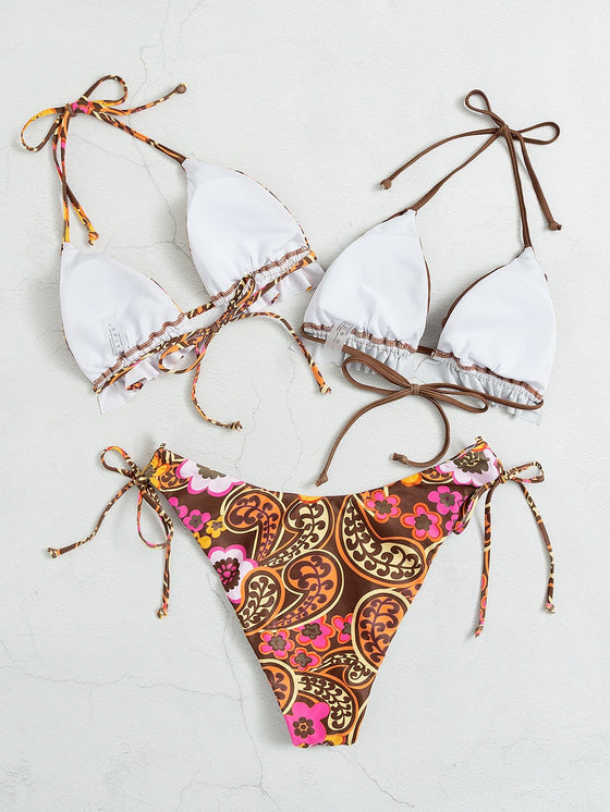 3pack Paisley Print Frill Trim Triangle Bikini Swimsuit