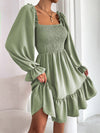 Square Neck Shirred Bodice Flounce Sleeve Ruffle Hem Dress