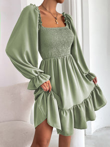  Square Neck Shirred Bodice Flounce Sleeve Ruffle Hem Dress