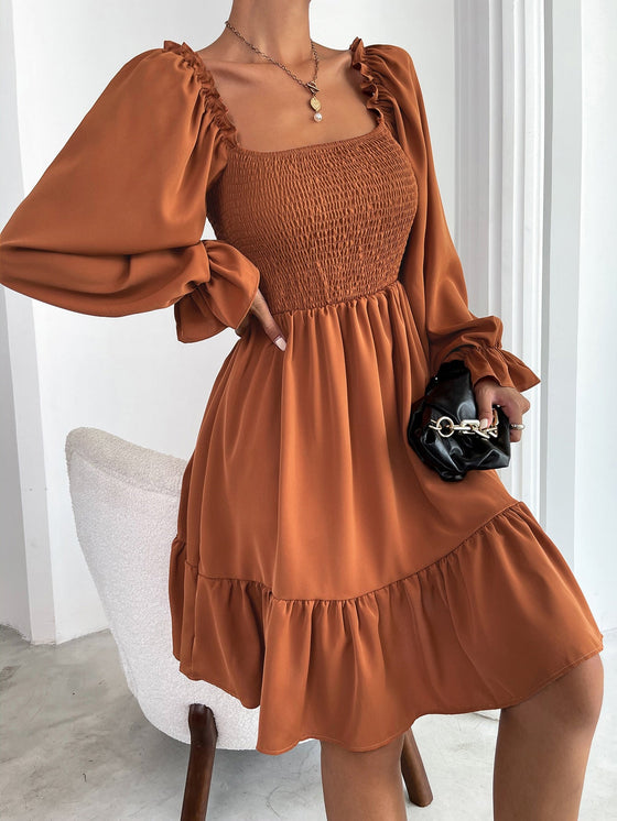 Square Neck Shirred Bodice Flounce Sleeve Ruffle Hem Dress