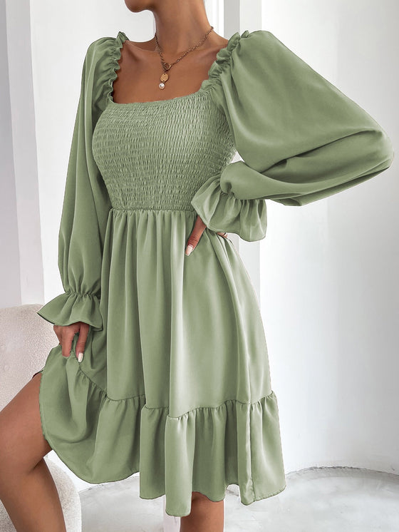 Square Neck Shirred Bodice Flounce Sleeve Ruffle Hem Dress