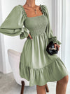 Square Neck Shirred Bodice Flounce Sleeve Ruffle Hem Dress