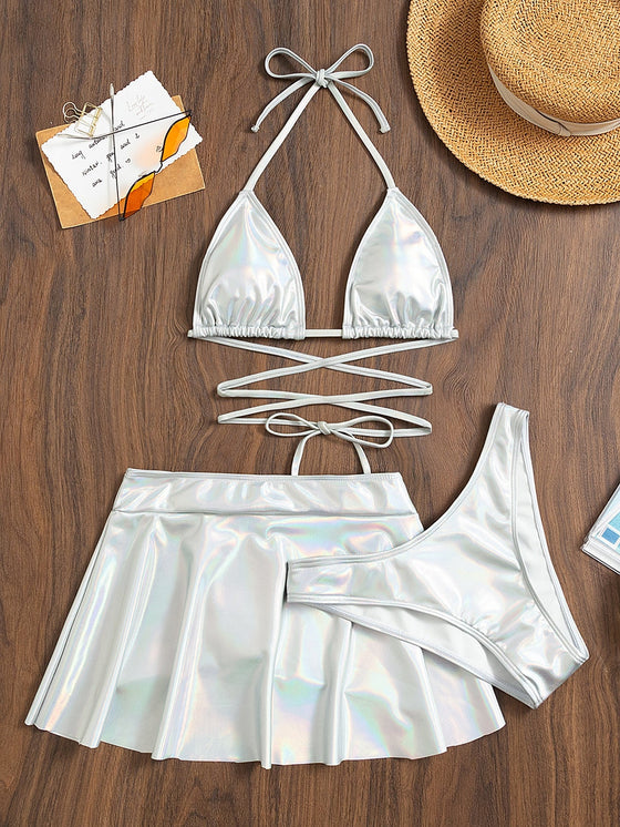 3pack Metallic Triangle Bikini Swimsuit Beach Skirt