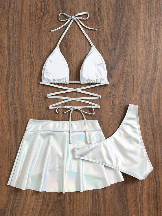 3pack Metallic Triangle Bikini Swimsuit Beach Skirt