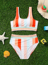 Girls Striped Mesh Trim Bikini Swimsuit